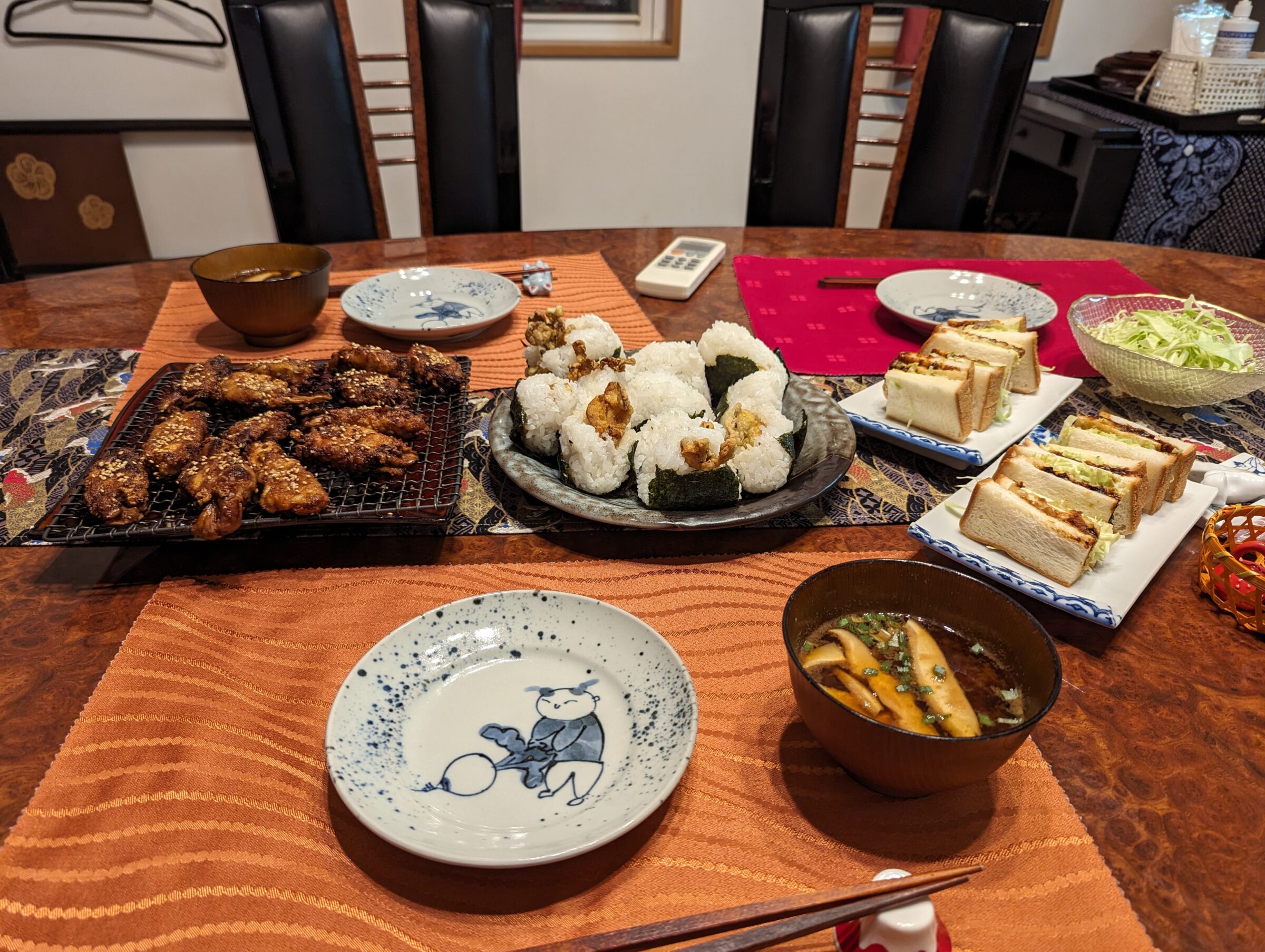 Vegan cookery class meal in Nagoya including miso soup, miso katsu with fried tofu, and tebasaki with mushrooms instead of chicken