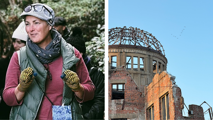 2 photo collage of a Hiroshima survivor next to the Hiroshima peace park.