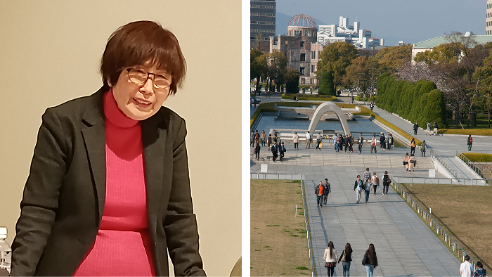 2 photo collage of a Hiroshima survivor next to the Hiroshima peace park.