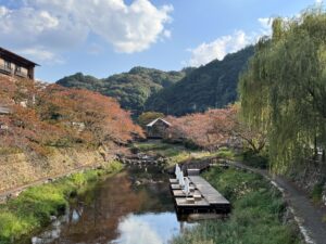 Nagato Yumoto Onsen river and trees with platform