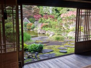 Traditional Japanese garden, framed by doors